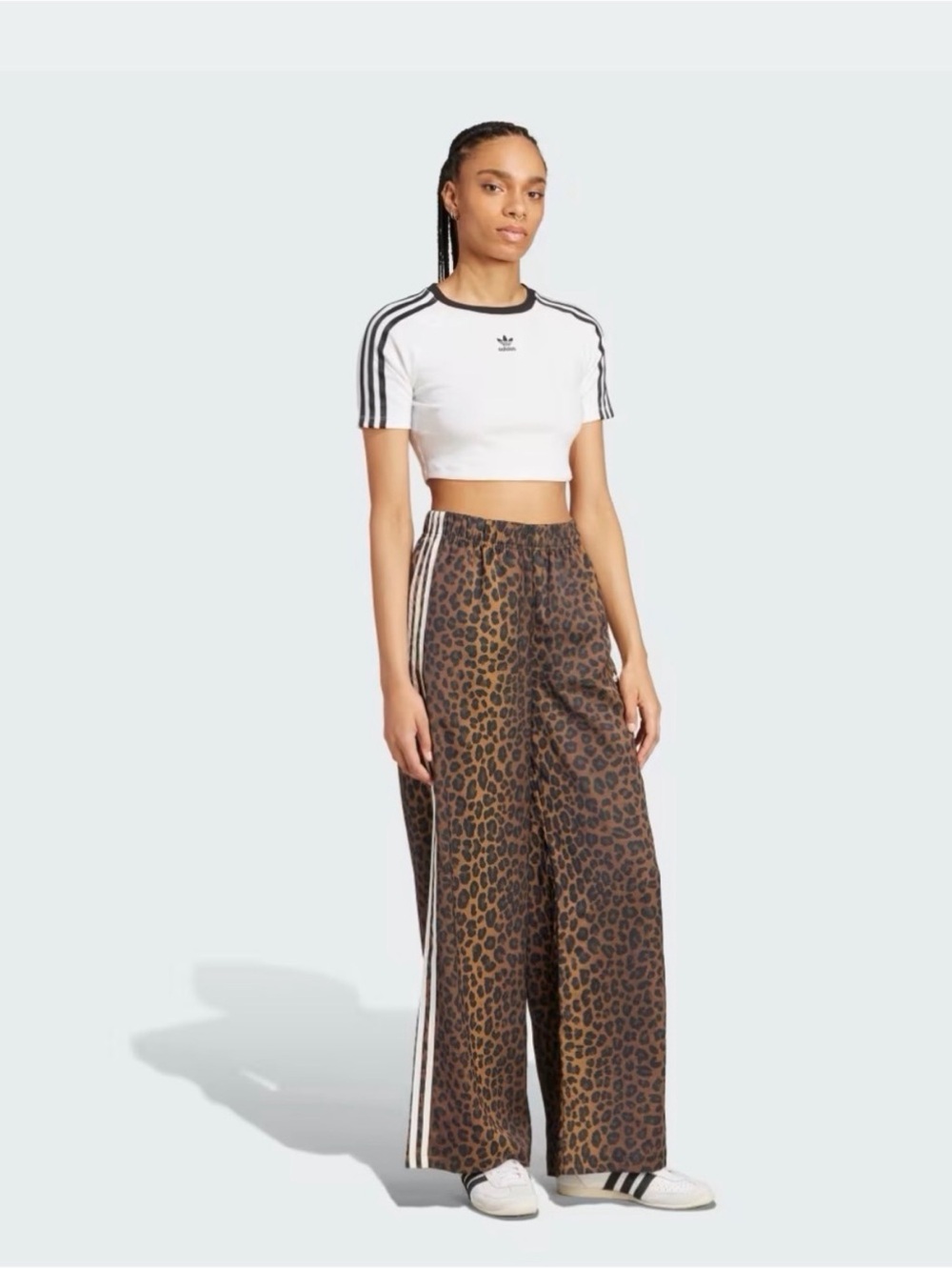 adidas Originals Leopard Print Wide Leg Satin Pants with White Stripes